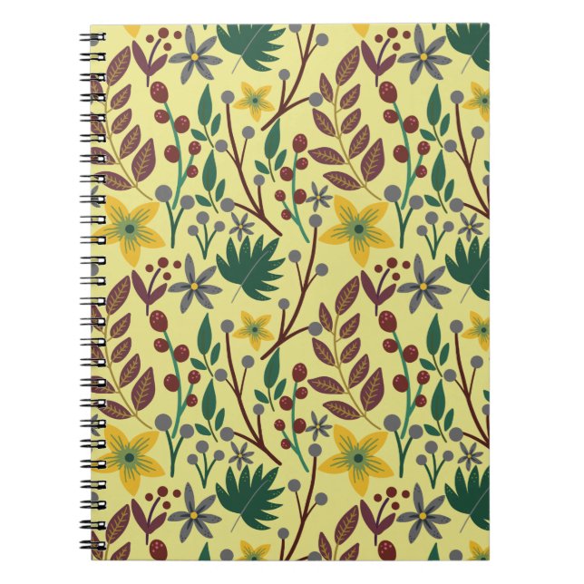 Caderno Espiral Flores, flores, folhas, ramos, sem costura, (Frente)