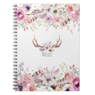 Caderno Espiral Flores & Galhadas de Veado Rústico País Personaliz