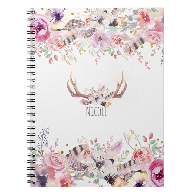 Caderno Espiral Flores & Galhadas de Veado Rústico País Personaliz (Frente)