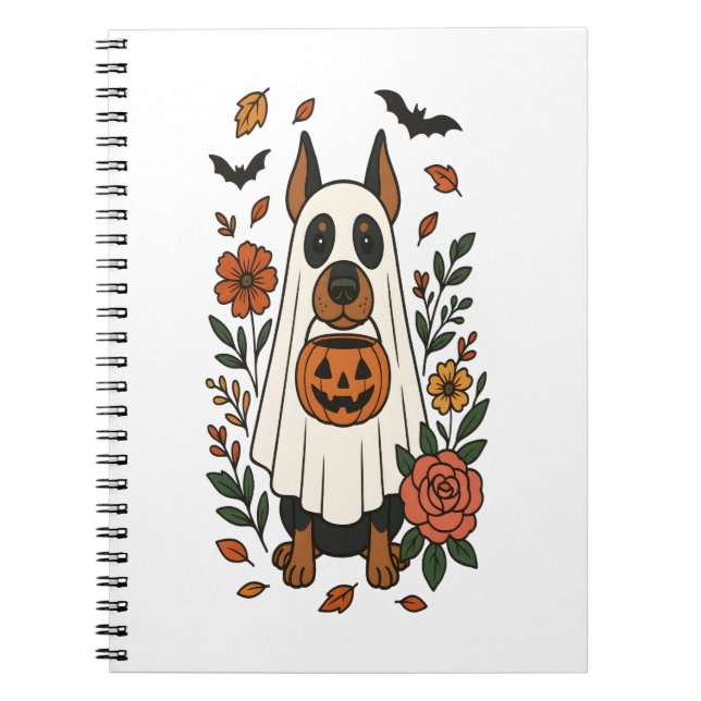 Caderno Espiral Flores Halloween Doberman Pinscher (Frente)