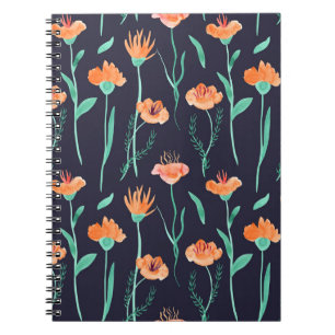 Caderno Espiral Flores Laranja Fantasias: Padrão Escuro Aquarela.