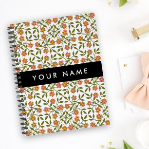 Caderno Espiral Flores Laranja, Padrão Floral, Boho, Seu Nome
