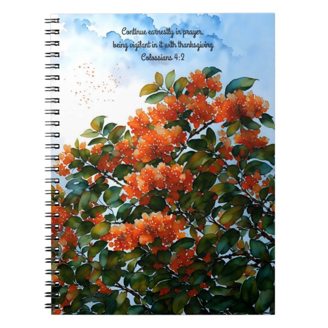 Caderno Espiral Flores Laranja Versículo Bíblico Arte Diário de Or (Frente)