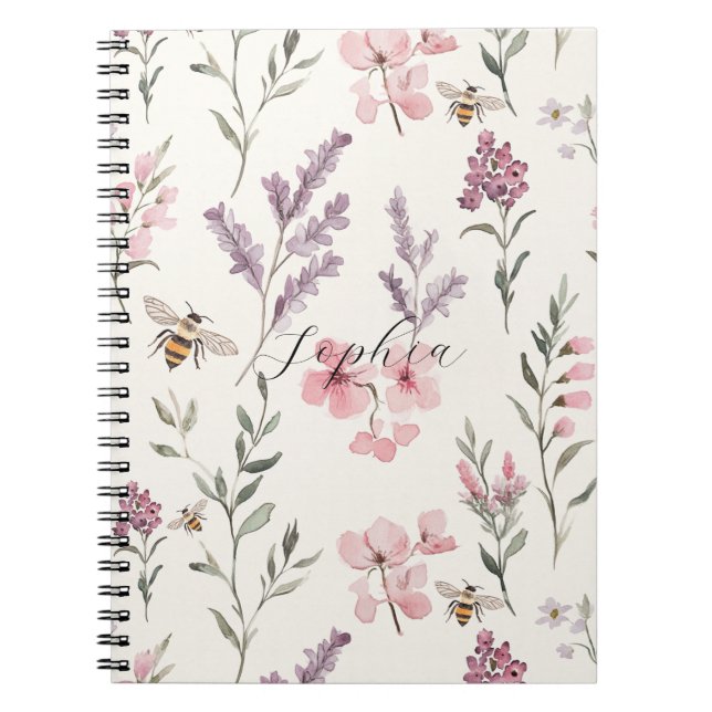 Caderno Espiral Flores Lavanda Rosa Abelhas (Frente)