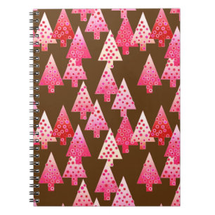 Caderno Espiral Flores modernas árvores de Natal - coral e castanh