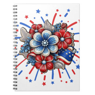 Caderno Espiral Flores Patrióticas em Branco Vermelho e Azul 4 de