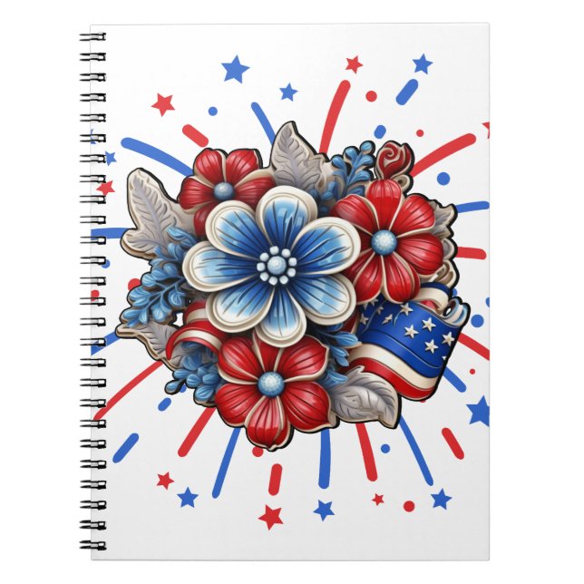 Caderno Espiral Flores Patrióticas em Branco Vermelho e Azul 4 de  (Frente)