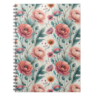 Caderno Espiral Flores Pintadas à Mão - Jardim Floral Coral e Sage
