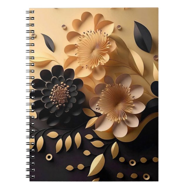 Caderno Espiral Flores Pretas e Douradas 3D (Frente)