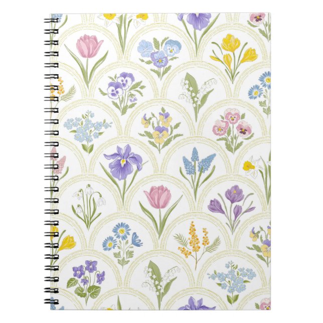 Caderno Espiral Flores primavera jardineiras em medalhão arco-íris (Frente)