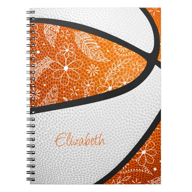 Caderno Espiral flores rabiscadas laranja branco boho basquete (Frente)