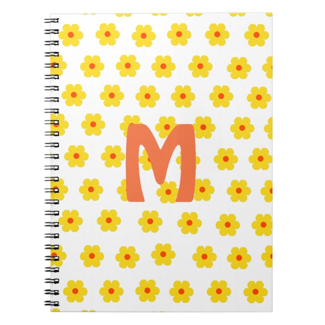 Caderno Espiral Flores Retro Disies Amarelo e Laranja e Branco (Frente)