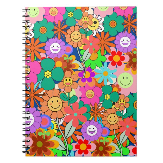 Caderno Espiral Flores Retro Groovy Boho Hippie (Frente)
