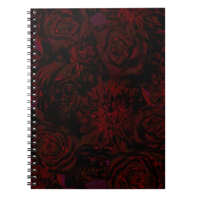 Caderno Espiral Flores Românticas Vermelhas do Jardim Negro Glam G (Frente)