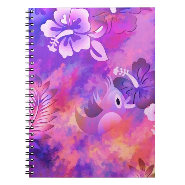 Caderno Espiral Flores rosa abstrato e Arte de Aves (Frente)