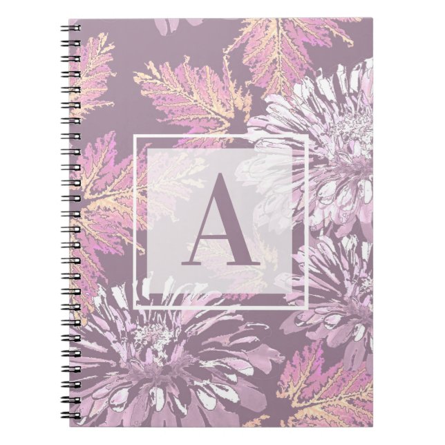 Caderno Espiral Flores rosa, aquarela, monograma, personalização (Frente)