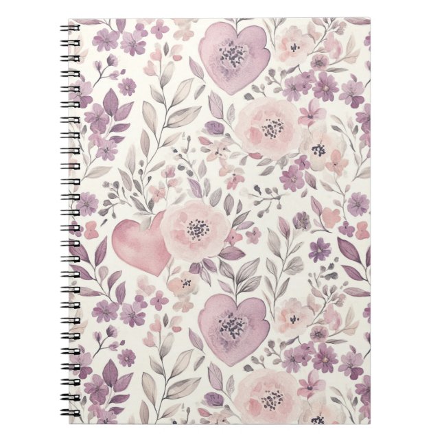 Caderno Espiral Flores Rosa Bege Roxo (Frente)