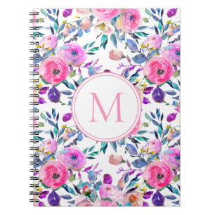 Caderno Espiral Flores Rosa Monograma Personalizado Púrpura