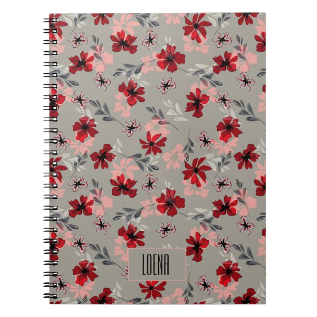 Caderno Espiral Flores rosa vermelho em um fundo cinza. (Frente)