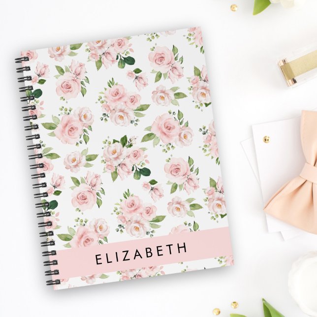 Caderno Espiral Flores, Rosas, Flores De Aquarela, Seu Nome (Criador carregado)