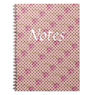 Caderno Espiral Flores roxas cor-de-rosa e bolinhas pretas