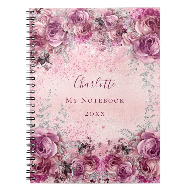 Caderno Espiral Flores roxas cor-de-rosa rosas com o nome prateado (Frente)