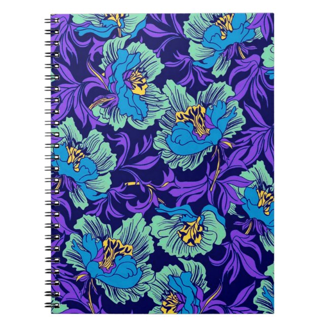 Caderno Espiral Flores roxas e azuis William Morris (Frente)