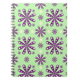 Caderno Espiral Flores Roxas Retro em Fundo Verde  