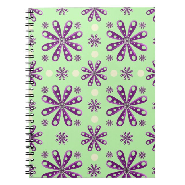 Caderno Espiral Flores Roxas Retro em Fundo Verde   (Frente)