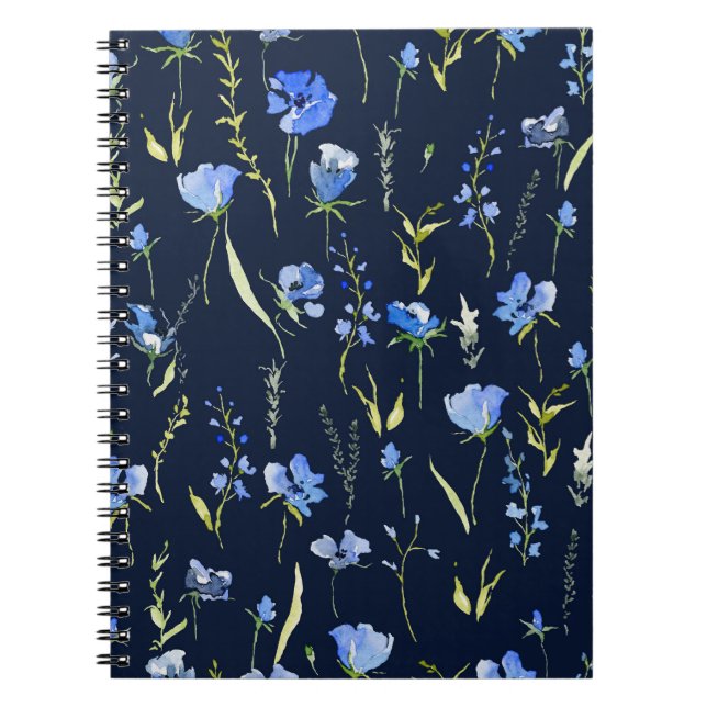 Caderno Espiral Flores Rusticas Azuis: Ilustração Botânica. (Frente)