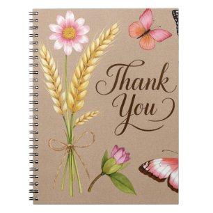 Caderno Espiral Flores selvagens boêmicas, borboletas, pedúnculos 