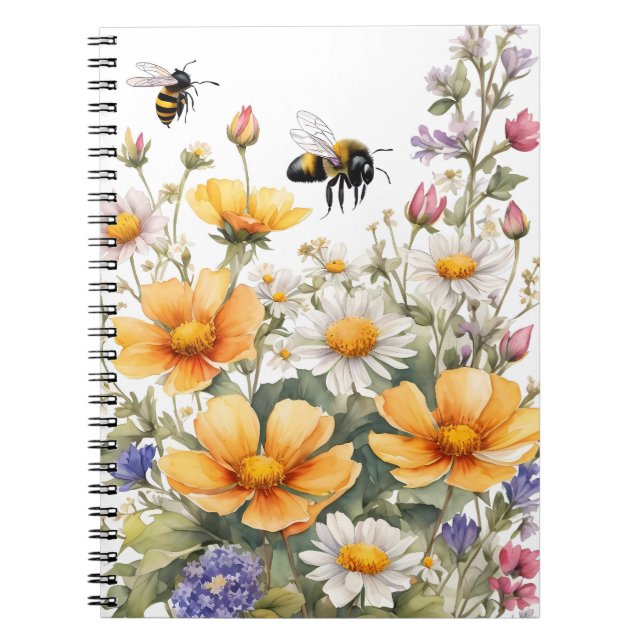 Caderno Espiral Flores Selvagens e Abelhas de Mel Aquarela (Frente)