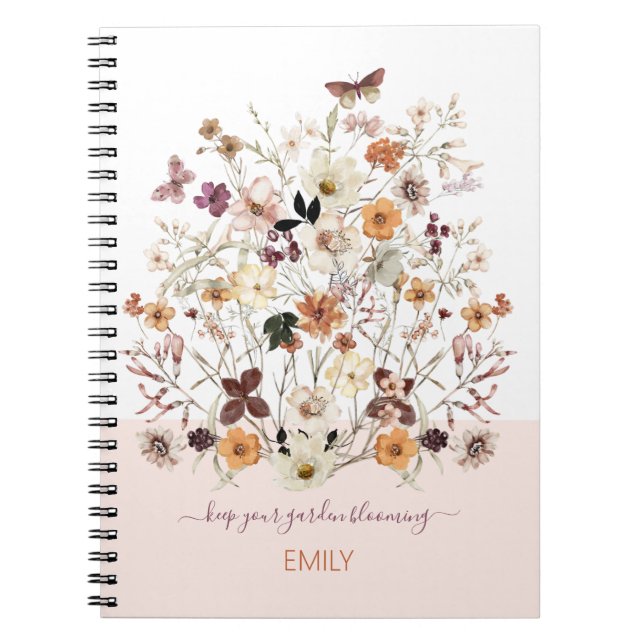 Caderno Espiral Flores Selvagens Presas Nome Personalizado Floral  (Frente)