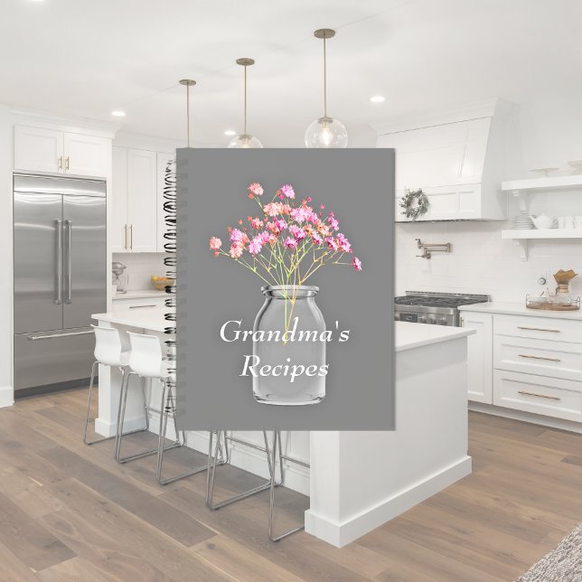 Caderno Espiral Flores Silvestres Rosa Jarra Mason Receitas da Vov (Criador carregado)