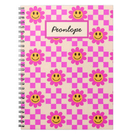 Caderno Espiral Flores Sorridentes Rosa Quente Xadrez Personalizad