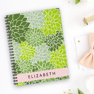 Caderno Espiral Flores Verdes Dahlia, Padrão Floral, Seu Nome