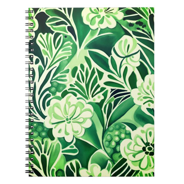 Caderno Espiral Flores verdes, padrão vintage design (Frente)