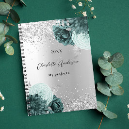 Caderno Espiral Flores verdes prateadas elegantes glamourosos