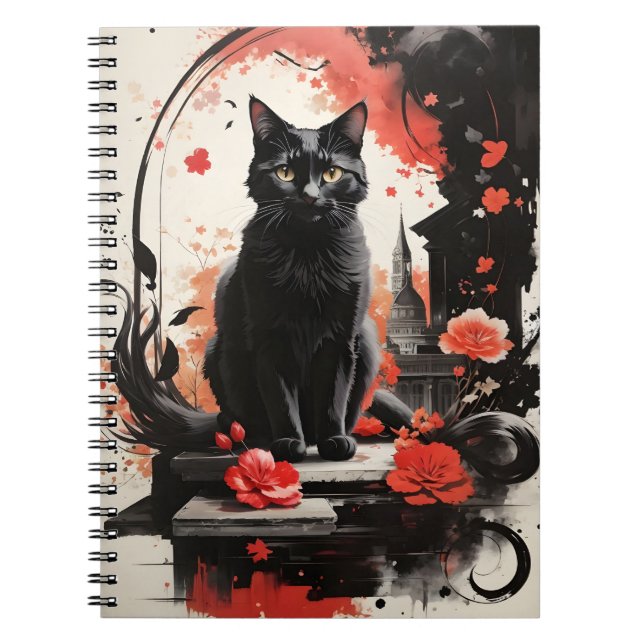 Caderno Espiral Flores Vermelhas de Arte Negra de Gato de Aquarela (Frente)