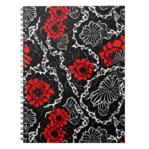 Caderno Espiral Flores Vermelhas e Padrões Sem Olho Preto