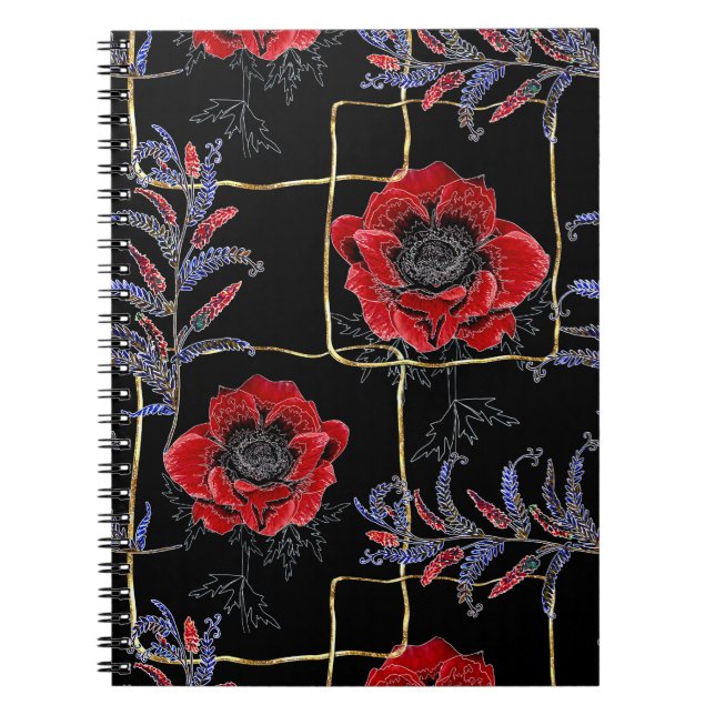 Caderno Espiral Flores vermelhas em preto. (Frente)