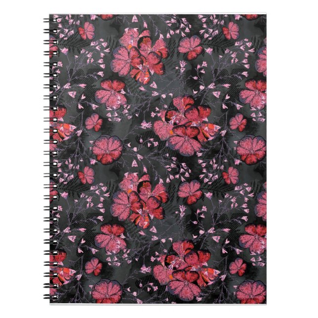 Caderno Espiral Flores vermelhas em uma cinza preta. (Frente)