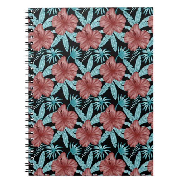 Caderno Espiral Flores vermelhas padrão uniforme tropical folhas & (Frente)