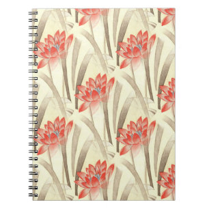 Caderno Espiral Flores Vermelhas Vintage em Padrão Bege
