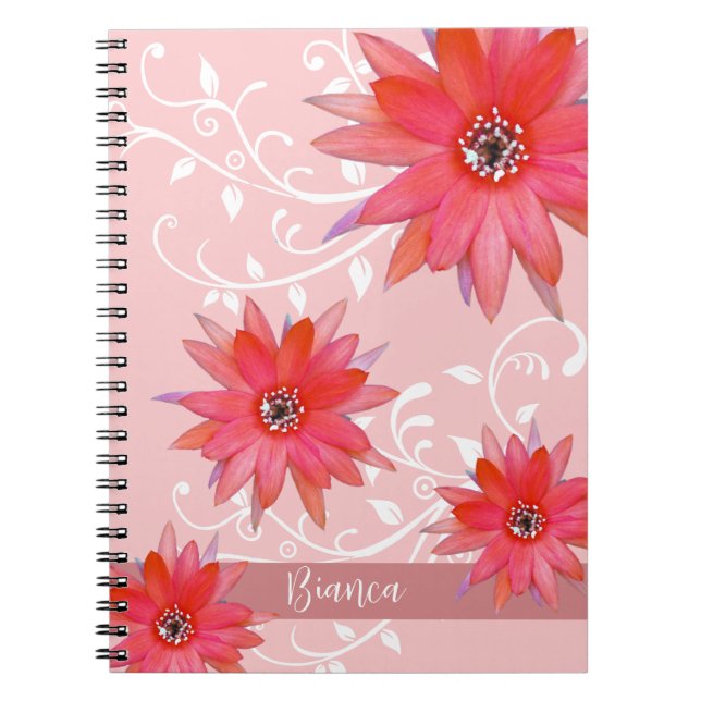 Caderno Espiral Flores Vermelhas Whimsical Folhas Suavemente Acres (Frente)