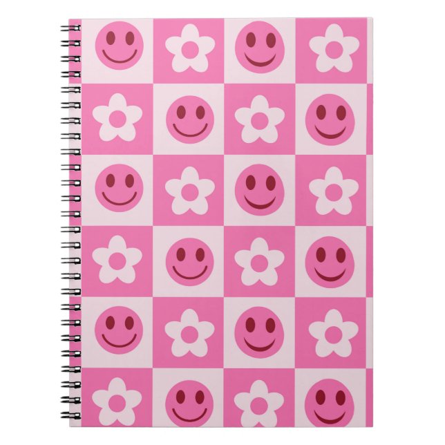 Caderno Espiral Flores xadrez e rostos felizes rosa  (Frente)