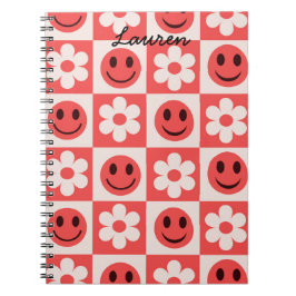 Caderno Espiral Flores Xadrez Personalizadas e Rostos Felizes Verm