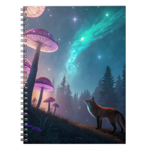 Caderno Espiral Floresta de Cogumelos Brilhantes Raposa Arte Fanta