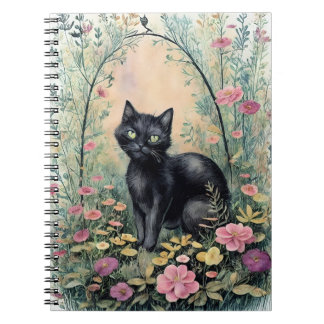 Caderno Espiral floresta de flores de fantasia de gato preto 2