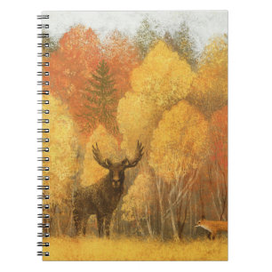 Caderno Espiral Floresta de outono, cervo digital e raposa.